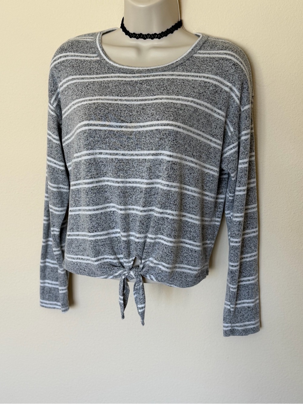 Caution To The Wind Gray & White Striped Tie-Front Long Sleeve Top